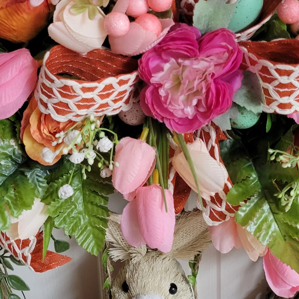 Spring Bunny Floral Door Wreath - Pink & Orange